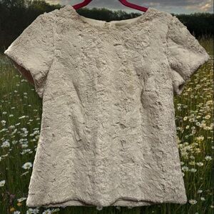 Anthropologie Cream Faux Fur Short Sleeve Top | Soft Teddy Texture